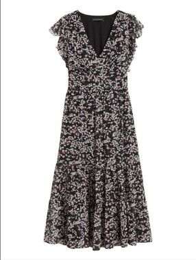 Size 8 Black Floral Ruffle Midi Dress - Banana Republic